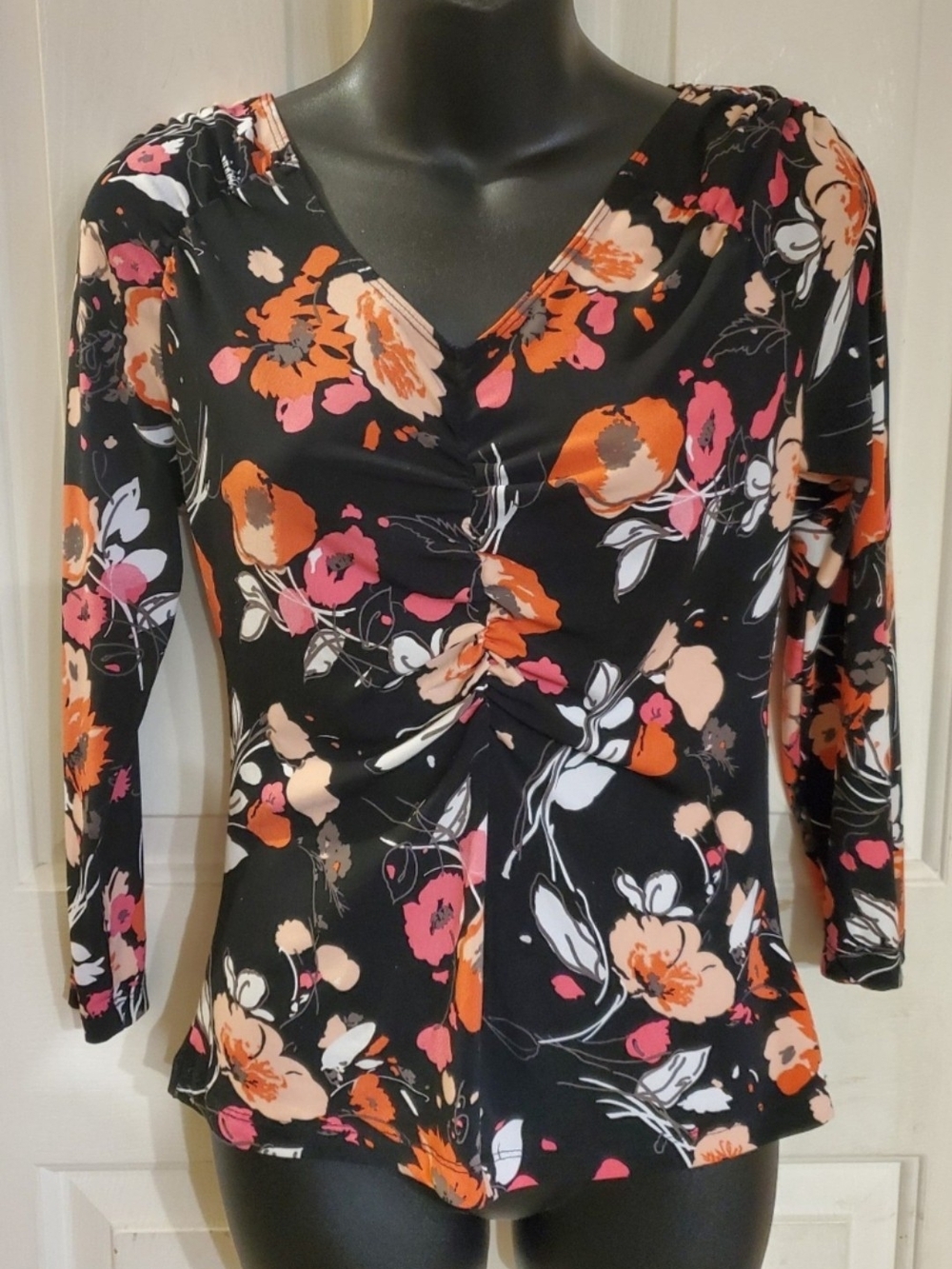 Mix It Black Floral Ruched V-Neck Long Sleeve Top with Orange & Pink Flowers